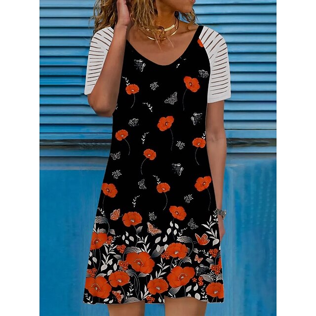 

Women's A Line Dress Knee Length Dress Black Short Sleeve Floral Print Summer V Neck Basic 2022 S M L XL XXL 3XL / 3D Print