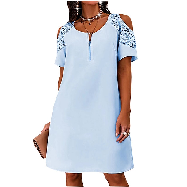 

Women's Shift Dress Short Mini Dress Blue White Pink Short Sleeve Pure Color Hollow Out Zipper Lace Spring Summer Round Neck Work Elegant 2022 S M L XL XXL