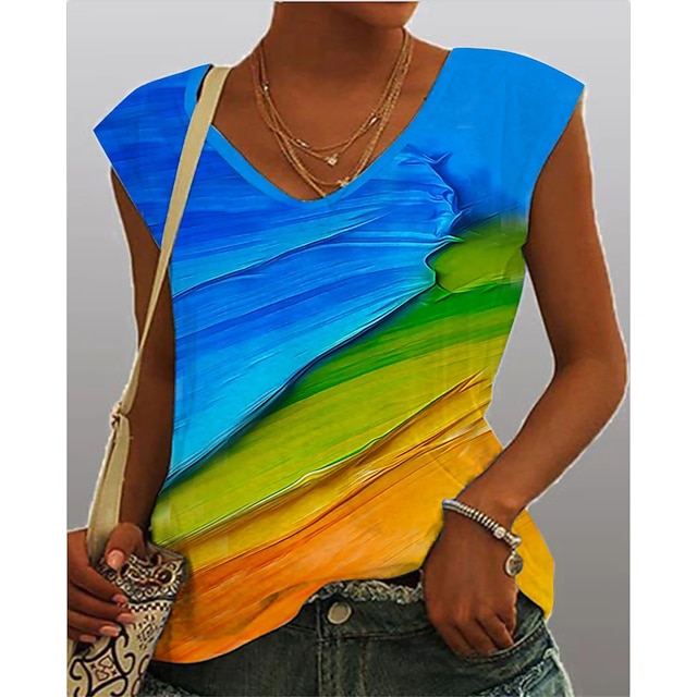 

Women's Tank Top Camis Color Gradient Patchwork Print V Neck Basic Beach Tops Rainbow / 3D Print
