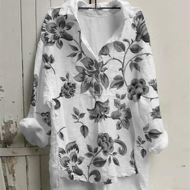 

Women's Plus Size Tops Blouse Shirt Floral Print Long Sleeve Shirt Collar Streetwear Daily Going out Cotton Spring Summer Blue Black
