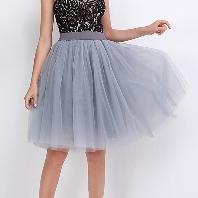 

Women's Fashion Knee Length Skirts Carnival Homecoming Solid Colored Layered Green White Black M L XL