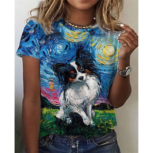 

Women's T shirt Color Gradient Dog Animal Patchwork Print Round Neck Basic Tops Rainbow / 3D Print