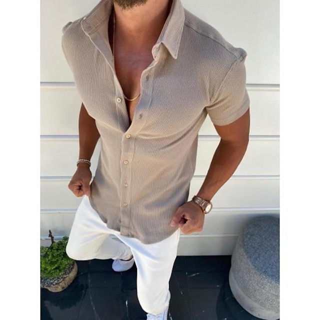 Men's Shirt Solid Color Turndown Street Casual Button-Down Short Sleeve Tops Casual Daily Summer Shirt