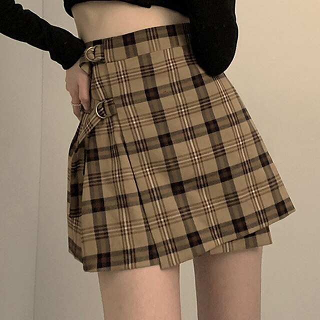 

Women's Fashion Preppy Short Skirts School Homecoming Plaid Split Khaki S M L