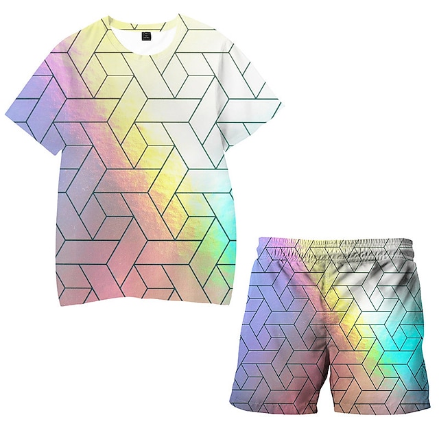 Baby & Kids Boys Clothing | Kids Boys T-shirt & Shorts Clothing Set 2 Pieces Short Sleeve Rainbow Geometric Gradient Ramp Print 