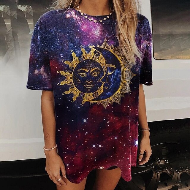 

Women's Geometric Painting T shirt Cartoon Galaxy Graphic Print Round Neck Ethnic Vintage Hawaiian Tops Fuchsia / 3D Print