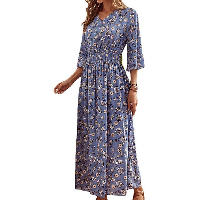 

Women's A Line Dress Maxi long Dress Blue Half Sleeve Print Print Spring Summer V Neck Casual 2022 S M L XL XXL