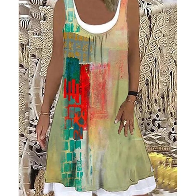 

Women's A Line Dress Short Mini Dress Yellow Sleeveless Abstract Print Summer Crew Neck Casual 2022 M L XL XXL
