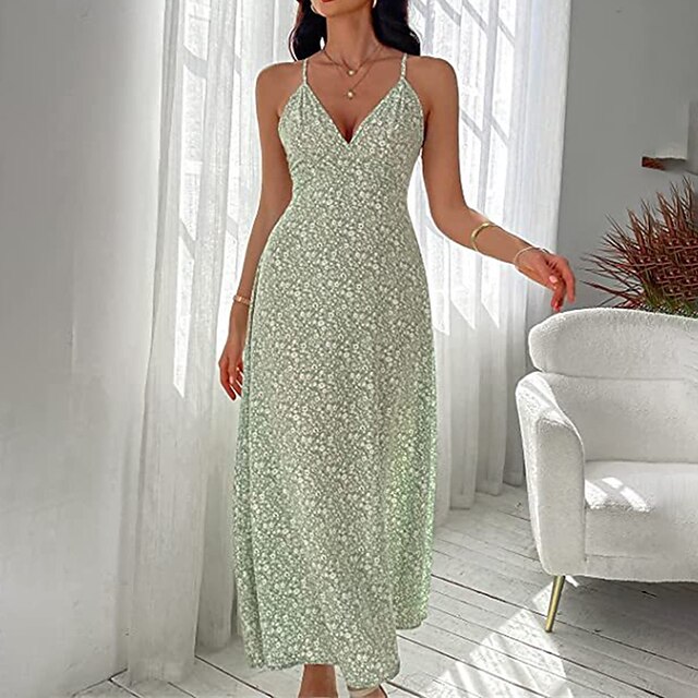 

Women's Sheath Dress Maxi long Dress Black Light Green Light Blue Sleeveless Print Backless Print Fall Summer V Neck Spaghetti Strap Stylish Casual 2022 S M L XL XXL