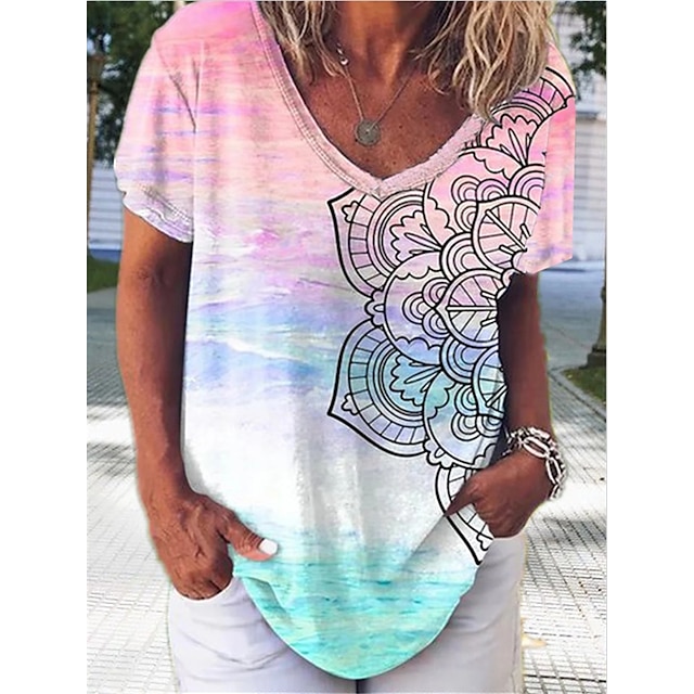 

Women's T shirt Tribal Patchwork Print V Neck Basic Tops Rainbow / 3D Print