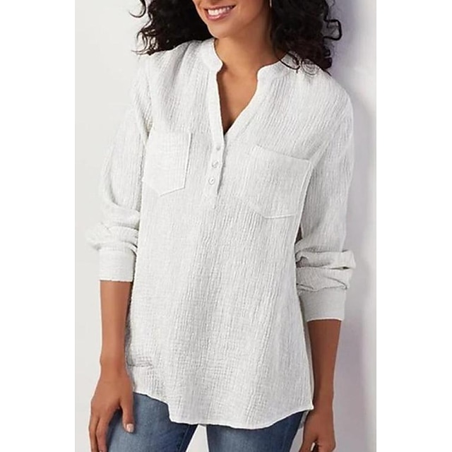 Women‘s solid color v-neck pocket cotton linen loose large size shirt ...