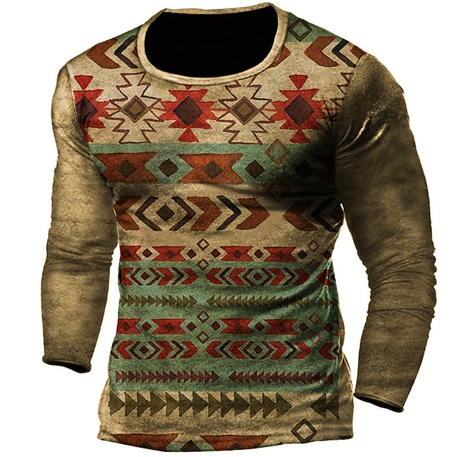 

Men's Unisex T shirt 3D Print Geometric Tribal Graphic Prints Crew Neck Street Daily Print Long Sleeve Tops Basic Casual Fashion Retro Brown / Spring / Summer / Military
