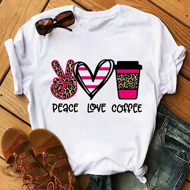 

Women's Painting Couple T shirt Heart Leopard Peace Love Print Round Neck Basic Tops Green White Dusty Rose