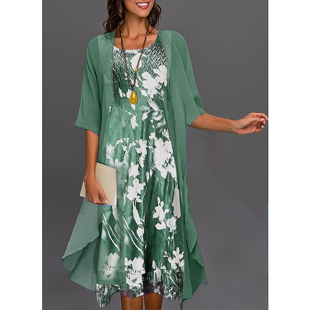  damekjolesett todelt kjole midikjole grønn blå grå halvermet blomstertrykk sommer vår u-hals avslappet 2023 s m l xl xxl 3xl