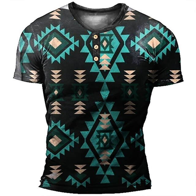 

Men's Henley Shirt Tee T shirt 3D Print Graphic Tribal Plus Size Henley Casual Daily Button-Down Print Short Sleeve Tops Casual Retro Designer Military Blue / Summer