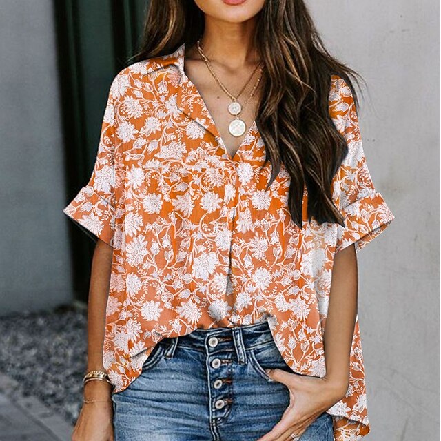 

Women's Floral Theme Blouse Shirt Floral Polka Dot Leaf Print Shirt Collar Casual Streetwear Tops Green Light Brown Orange / 3D Print