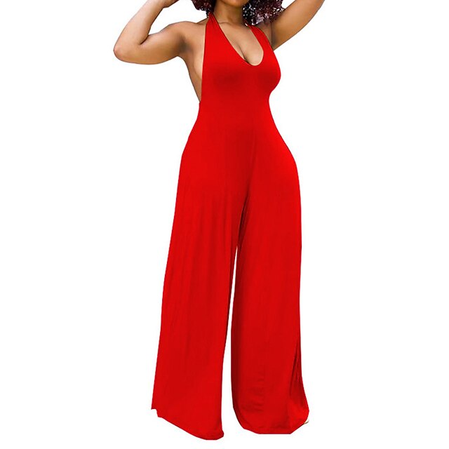 

Women's Jumpsuit Backless Solid Color Halter Neck Streetwear Going out Bar Regular Fit Sleeveless Black Red Yellow S M L Spring