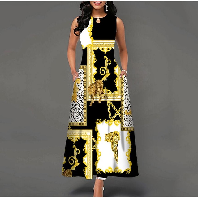 

Women's A Line Dress Maxi long Dress Black gray White Brown Yellow Beige Sleeveless Print Print Spring Summer Crew Neck Stylish Boho 2022 S M L XL XXL 3XL 4XL 4XL 5XL / 3D Print