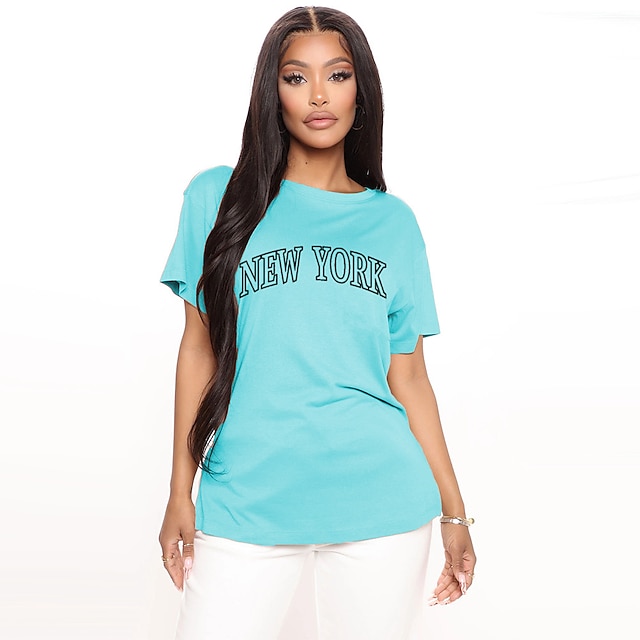

Women's T shirt Graphic Letter Print Round Neck Basic Tops 100% Cotton Green Blue White