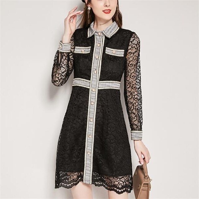 

Women's A Line Dress Short Mini Dress Black Long Sleeve Color Block Hollow Out Lace Patchwork Fall Spring Shirt Collar Vintage 2022 M L XL XXL