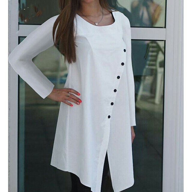 

Women's Blouse Shirt Plain Button Round Neck Casual Streetwear Tops White Black Gray