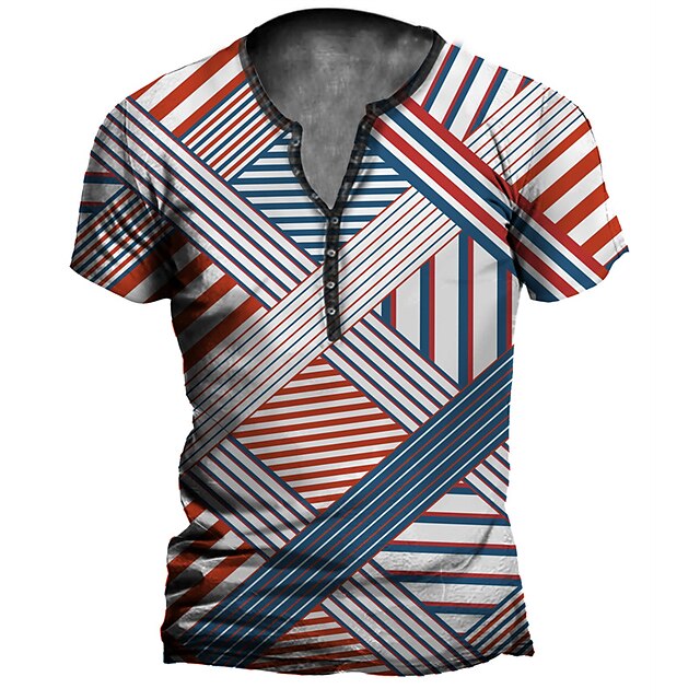 

Men's Henley Shirt T shirt 3D Print Striped Graphic Henley Casual Daily Button-Down Print Short Sleeve Tops Casual Vintage Classic Designer Pink