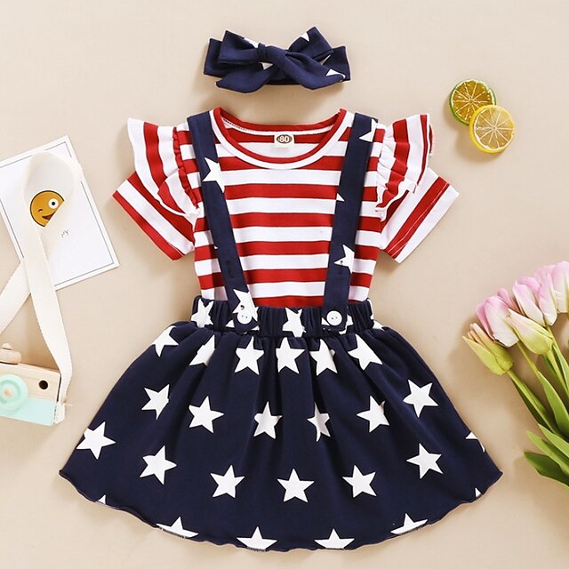

Toddler Girls' American National Day T-shirt Skirt Clothing Set 3 Pieces Short Sleeve Red Stripe Star Ruffle Print Indoor Outdoor Cute Sweet Regular Above Knee 1-4 Years