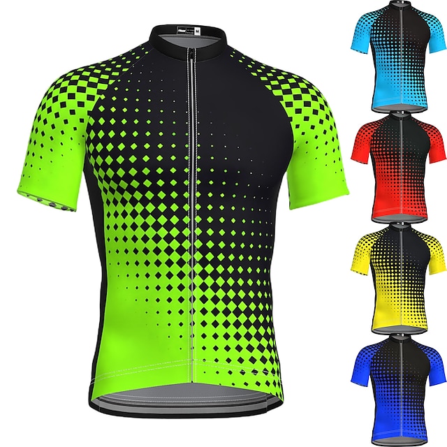  21Grams Men's Cycling Jersey Short Sleeve Bike Top with 3 Rear Pockets Mountain Bike MTB Road Bike Cycling Breathable Quick Dry Moisture Wicking Reflective Strips Green Yellow Sky Blue Polka Dot