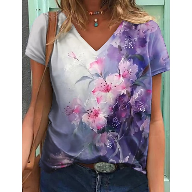 

Women's Floral Theme Painting T shirt Floral Print V Neck Basic Tops Purple / 3D Print