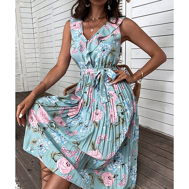 

Women's A Line Dress Midi Dress Blue Sleeveless Floral Backless Print Spring Summer V Neck Elegant Vacation Vintage 2022 S M L XL XXL