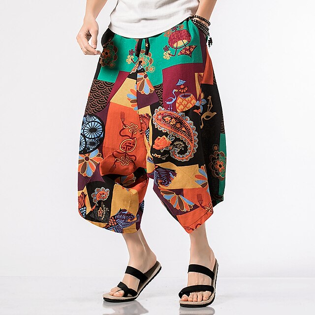 

Men's Ethnic Style Streetwear Bloomers Pocket Elastic Drawstring Design Print Calf-Length Pants Casual Daily Graphic Prints Cotton Blend Comfort Soft Mid Waist Green White Fuchsia Dark Blue Orange