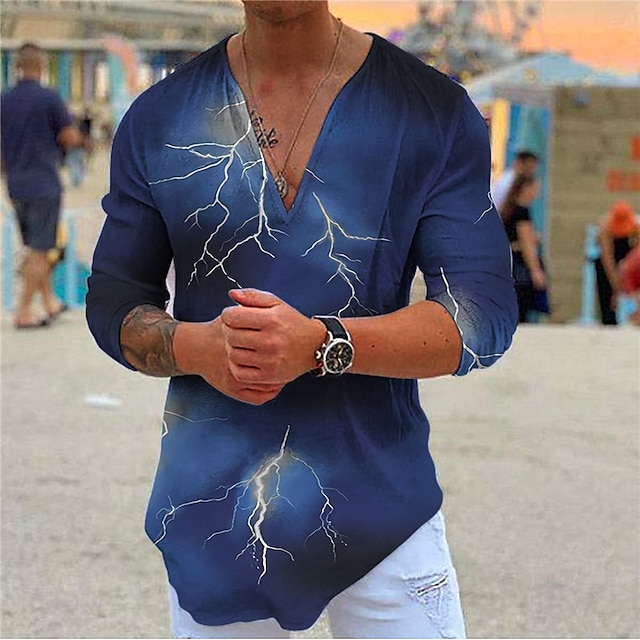 

Men's Shirt 3D Print Lightning V Neck Casual Daily 3D Print Long Sleeve Tops Casual Fashion Designer Comfortable Blue