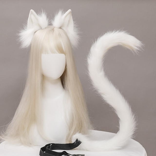 Cat Ear With Tail Suit Animal Anime Faux Fur Kitten Ears Headband ...