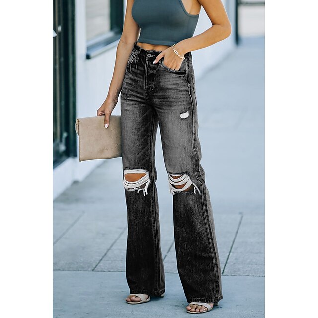 Womens Clothing Womens Bottoms | Womens Fashion Jeans Distressed Jeans Side Pockets Cut Out Full Length Pants Casual Weekend Mic