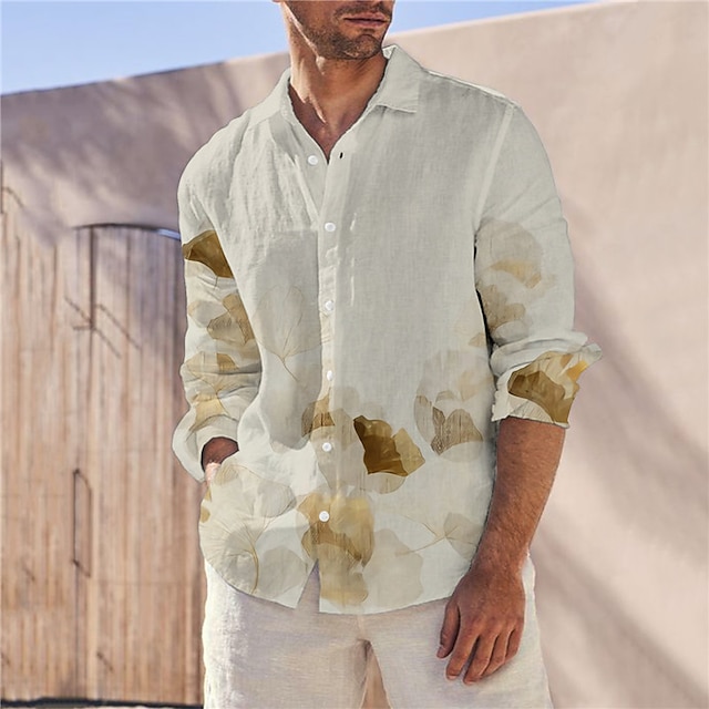 

Men's Shirt 3D Print Leaves V Neck Casual Daily 3D Print Long Sleeve Tops Casual Fashion Designer Comfortable Beige