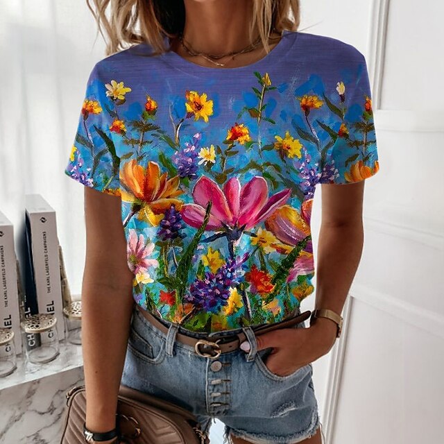 

Women's Floral Theme Painting T shirt Floral Print Round Neck Basic Tops Blue / 3D Print
