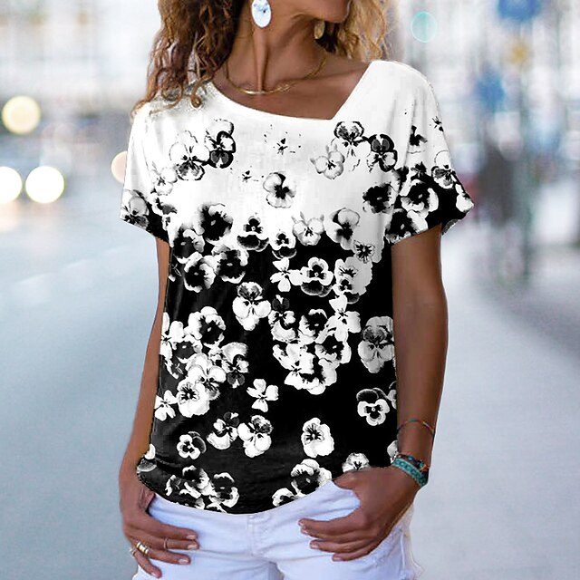 

Women's Floral Theme Painting T shirt Floral Print V Neck Basic Tops Black / 3D Print