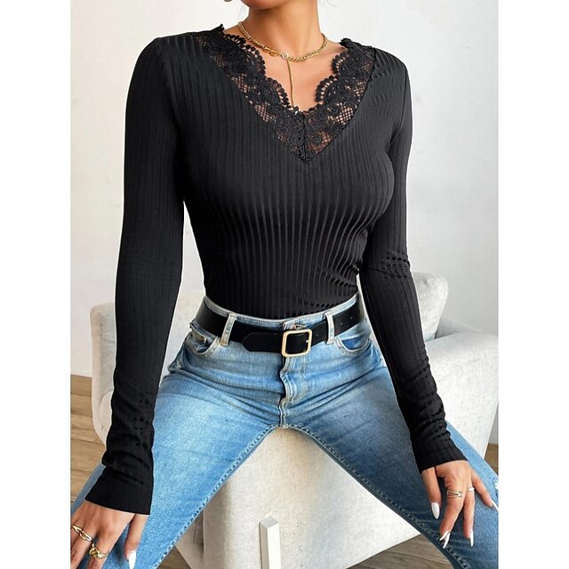 

Women's T shirt Plain Lace Trims V Neck Basic Tops Black