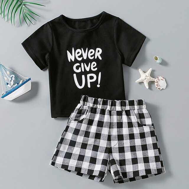 

Kids Boys T-shirt Shorts Clothing Set 2 Pieces Short Sleeve Black Plaid Letter Print Indoor Outdoor Casual Daily Regular 2-8 Years