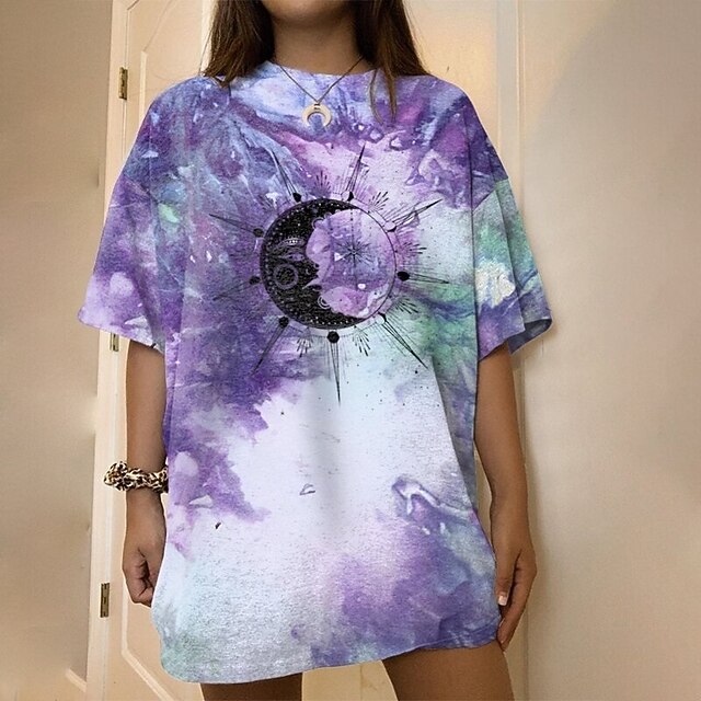 

Women's Abstract Painting T shirt Cartoon Graphic Tie Dye Print Round Neck Ethnic Vintage Beach Tops Purple / 3D Print