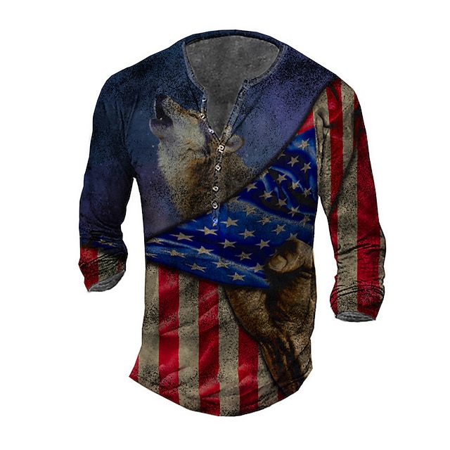 

Men's Henley Shirt Tee T shirt 3D Print Graphic Wolf National Flag Plus Size Henley Daily Sports Button-Down Print Long Sleeve Tops Basic Casual Classic Designer Blue