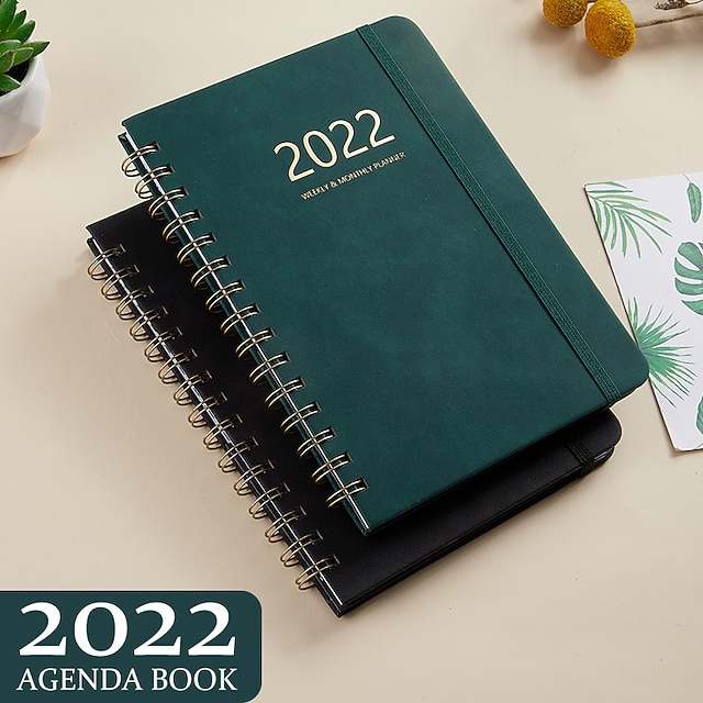 

2022 Spiral Twin-Wire Binding Daily Weekly Monthly Planner A5 5.8×8.3 Inch Classic PU Hardcover Elastic Closure Agenda Strap Design Planner 160 Pages for School Office Business