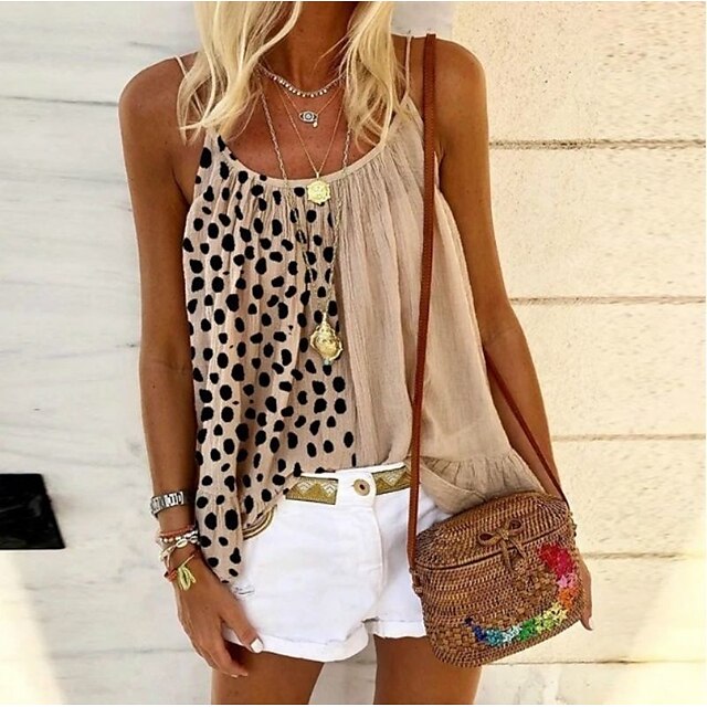 

Women's Camisole Tank Top Vest Polka Dot Ruffle Patchwork Print U Neck Casual Streetwear Tops Blue Gray Pink