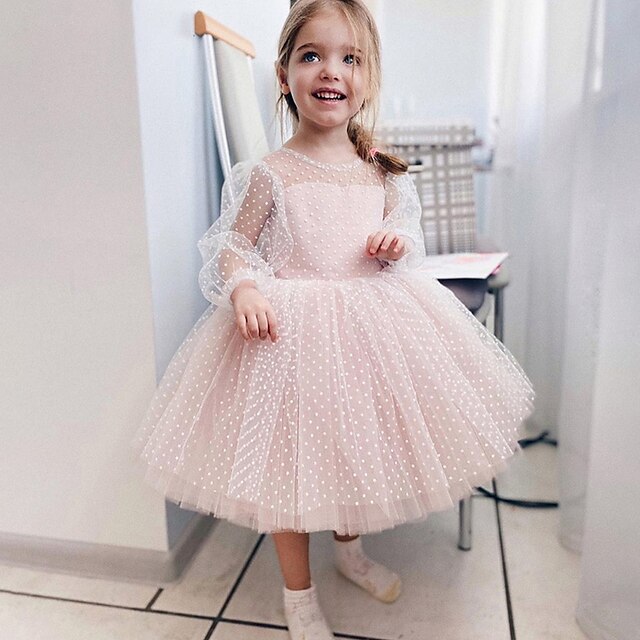 

Kids Little Girls' Dress Polka Dot A Line Dress Party Christening dress Ruched Mesh Pink Light Green Light Blue Midi Long Sleeve Princess Cute Dresses Fall Spring Regular Fit 3-12 Years