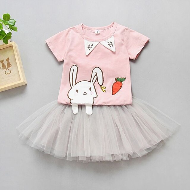 

Kids Girls' T-shirt Skirt Clothing Set 2 Pieces Short Sleeve Pink Cartoon Rabbit Animal Ruched Mesh Print Indoor Outdoor Cute Sweet Regular Above Knee 1-4 Years