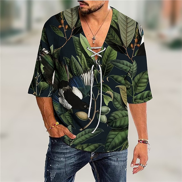

Men's Shirt 3D Print Leaves V Neck Casual Daily 3D Print Drawstring 3/4 Length Sleeve Tops Casual Fashion Designer Comfortable Green