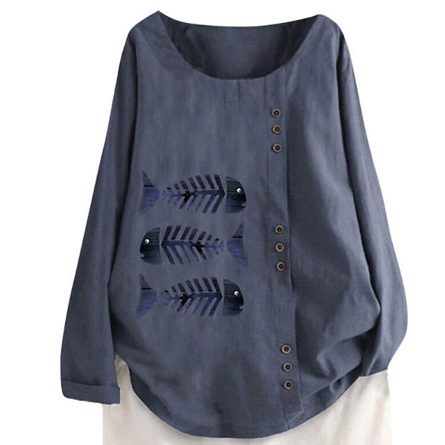 

Women's Plus Size Tops Blouse Animal Button Long Sleeve Crewneck Streetwear Going out Weekend Polyester Spring Summer Green Navy Blue