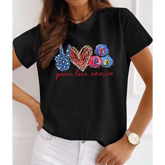 

Women's Painting T shirt Heart Peace Love Print Round Neck Basic Tops White Black