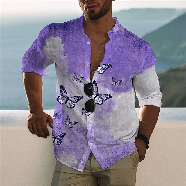 

Men's Shirt 3D Print Butterfly Animal Stand Collar Casual Daily Button-Down Print Long Sleeve Tops Casual Fashion Designer Comfortable Purple