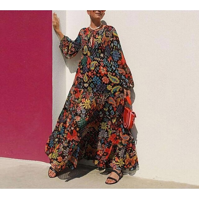 

Women's Floral Dress Maxi long Dress Rainbow Long Sleeve Color Block Patchwork Print Fall Spring Crew Neck Stylish Casual Vacation 2022 S M L XL XXL